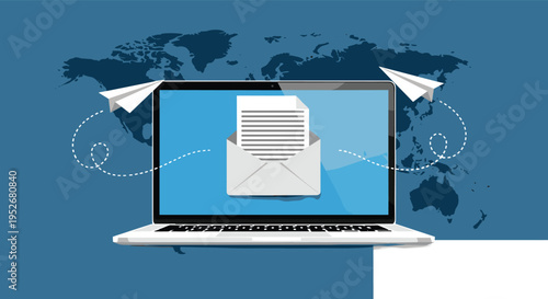 Laptop computer displays a digital email message with paper airplanes flying across a global world map background.