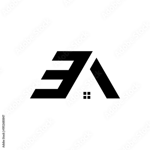 3 letter logo design in the shape of a roof with a house illustration.