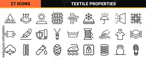 Breathable Fabric Technology and Performance Textile Properties Monoline Outline Icon Set for Technical Garment Specification and Material Science