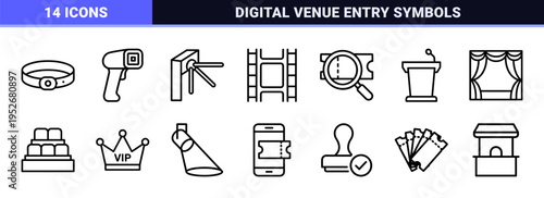 Professional Event Admission and Ticketing System Monoline Icons Featuring Sleek Minimalist Outlines for Digital Booking and Venue Access Control