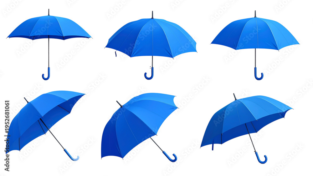 Obraz premium Blue umbrella opening sequence from closed and folded to half open and fully expanded isolated on white background for weather and protection concept