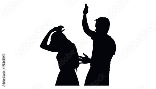 A black silhouette of a man taking a photo of a woman.