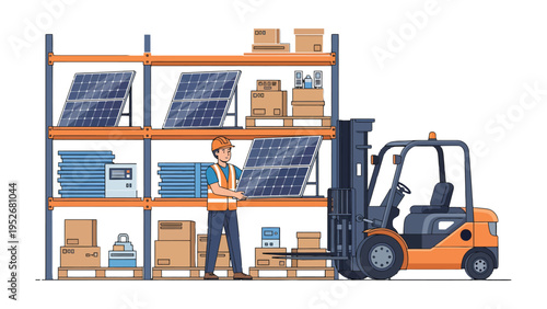 Warehouse Logistics & Solar Panels: A worker efficiently manages the warehouse operations, overseeing solar panels and packages with a forklift.