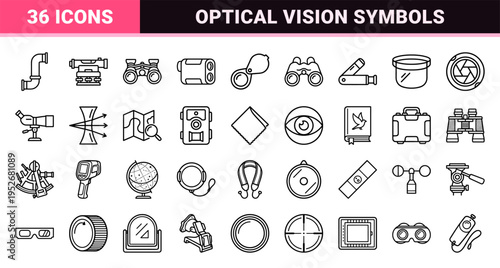 Outdoor Observation and Optical Equipment Monoline Symbol Set Featuring Binoculars Telescopes and Magnifying Glass in Sophisticated Minimalist Style