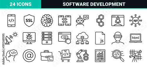 Software Development and Programming Engineering Monoline Icons featuring Technical Code Symbols and Data Science Architecture Graphics.