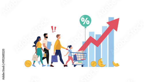 Shopping cart icon with family and increasing sales graph