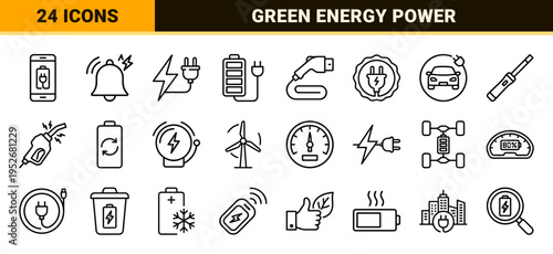 Electric Vehicle Charging and Green Energy Technology Monoline Symbols Featuring Minimalist Sustainable Transport and Battery Power Outlines