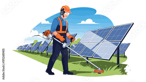 Renewable Energy Maintenance: A diligent worker meticulously tends to solar panels, ensuring optimal performance and contributing to the advancement of sustainable energy sources.
