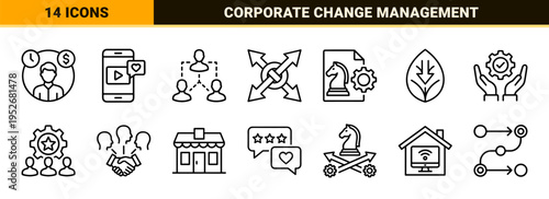 Change Management and Business Transformation Monoline Symbols Featuring Strategy Planning Leadership and Corporate Workflow Optimization Outlines