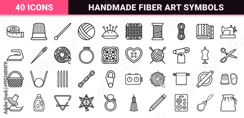 Handmade Textile Craft and Knitting Monoline Symbols Featuring Yarn Balls, Crochet Hooks, and Needlework Essentials in Sleek Technical Line Art