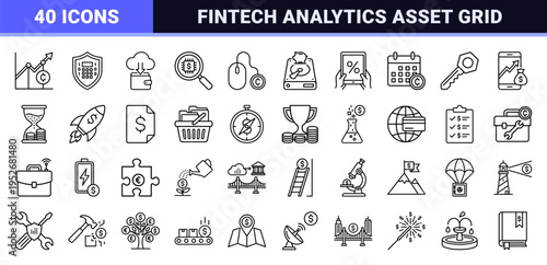 Data Monetization and Financial Analytics Technical Line Art Symbols for Commercial Fintech Dashboards and Digital Profit Optimization Strategy