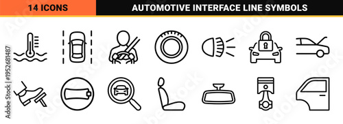 Technical Monoline Dashboard Interface Symbols featuring Automotive Safety and Driver Assistance Systems in a Minimalist Vector Style