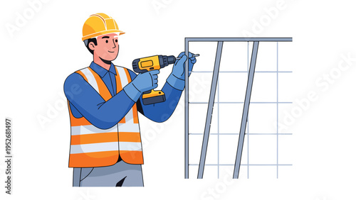 Construction Worker at Work: A construction worker, equipped with a drill, meticulously fastens the drywall framework, showcasing precision and dedication on a building project.