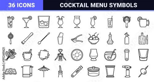 Mixology and Barware Equipment Monoline Outline Symbols for Menu Design and Hospitality Database Indexing in Neo-Line Art Style