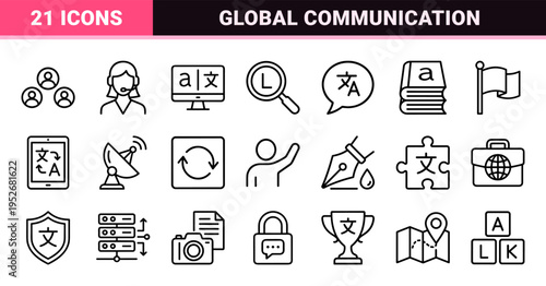 Language Translation and Global Communication Monoline Symbols, Technical Linguistics and Speech Education Minimalist Outline Assets