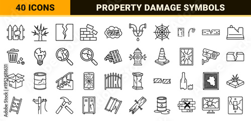 Urban Decay and Property Damage Monoline Outline Symbols for Insurance Claims and Construction, Featuring Broken Structures and Vandalism Elements.