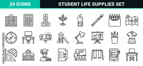 Academic Learning and Campus Life Monoline Line Art Symbols featuring Educational Supplies and School Infrastructure Technical Outline Graphics