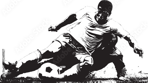 A silhouette vector illustration depicting two soccer players sliding to challenge for the ball.