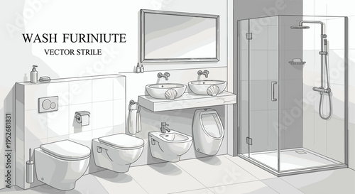 Vector illustration of bathroom furniture set including toilet sink and shower, Generative AI.