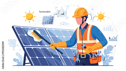 Solar Panel Technician: A skilled technician, equipped with necessary tools, diligently cleans solar panels, highlighting the importance of renewable energy and sustainable practices for a brighter.