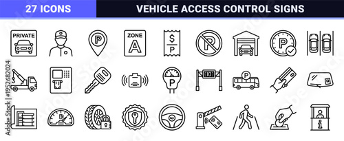 Urban Parking Management and Traffic Control System Monoline Outline Symbols for Smart City Infrastructure and Automotive Service Design