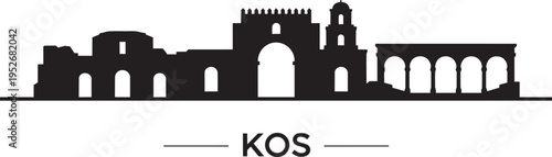 Ancient stone structure with arches and columns, line art silhouette graphic with text