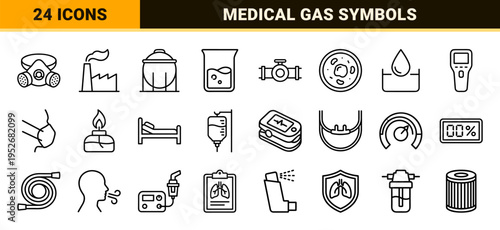 Atmospheric Chemistry and Medical Oxygen Supply Symbols in a Sophisticated Monoline Aesthetic for Industrial and Healthcare Design Projects