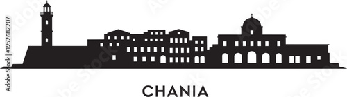 Chania city skyline silhouette, with prominent mosque minaret and buildings