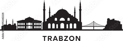 Cityscape silhouette graphic with distinctive architectural structures and the text Trabzon