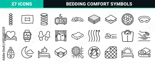 Sleep Science and Mattress Technology Monoline Symbols for Orthopedic Comfort and Bedding Industry Branding