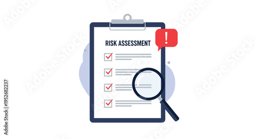 Risk assessment report on a clipboard is inspected with a magnifying glass under a red warning exclamation mark bubble.