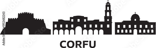 Corfu island skyline silhouette illustration, representing iconic architectural landmarks