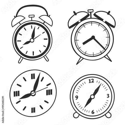 Four black and white alarm clock sketches showing various times and dial designs for creative timekeeping and schedule planning graphics set icons