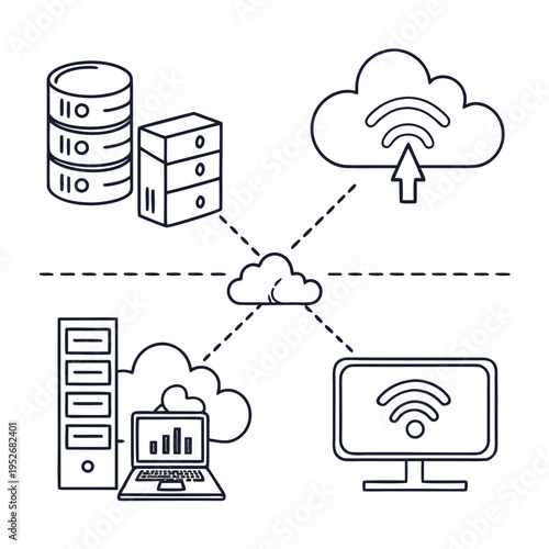 Cloud network connections technology concept with server database and computer monitor vector line art illustration