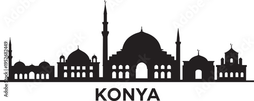 Konya Turkey City Skyline Silhouette Graphic Illustration featuring Mosque Domes and the Word Konya