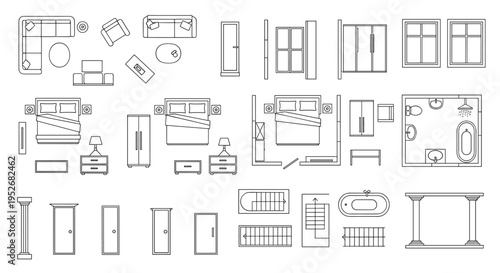 Collection of various architectural and furniture line drawings and icons, Generative AI.