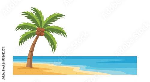 Single palm tree on sandy beach with calm ocean water in bright sunny tropical setting for travel brochure