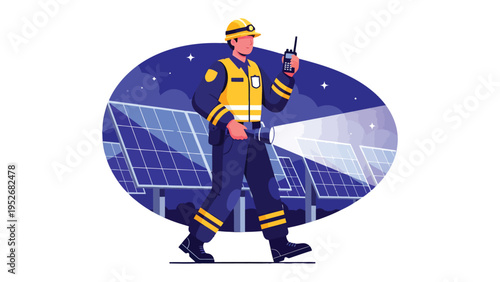 Solar Panel Inspector: A diligent inspector, clad in safety gear, surveys a field of solar panels at night, utilizing a flashlight and radio to ensure everything runs smoothly. 