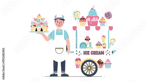 Ice Cream Vendor: An illustration capturing a cheerful ice cream vendor at his colorful cart, ready to serve a delicious array of treats on a bright day. 