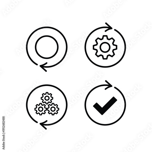 Gear icon set with circular arrows and checkmark in black line style