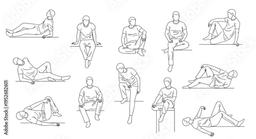 A set of line drawings depicting various yoga poses for flexibility and relaxation, Generative AI.