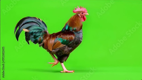 Rooster Walking on Green Screen Chroma Key Background, Farm Chicken Side
