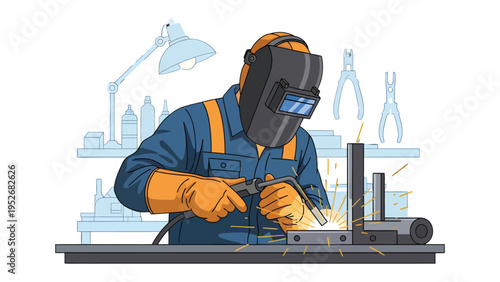 Welder in Action: A skilled artisan, clad in protective gear, meticulously welds metal components in a workshop setting, sparks flying as a testament to expertise.