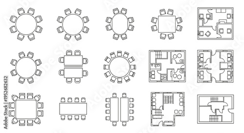 Various meeting room and office layouts in black and white, Generative AI.