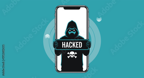 Cybersecurity breach illustration depicts a hooded hacker emerging from a smartphone screen holding a hacked warning sign.