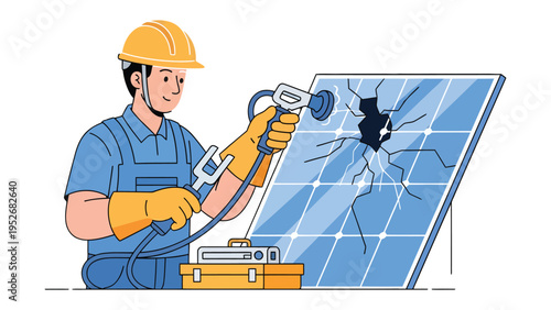 Solar Panel Inspector: A diligent technician, donned in safety gear, meticulously examines a damaged solar panel, showcasing expertise and the importance of renewable energy.