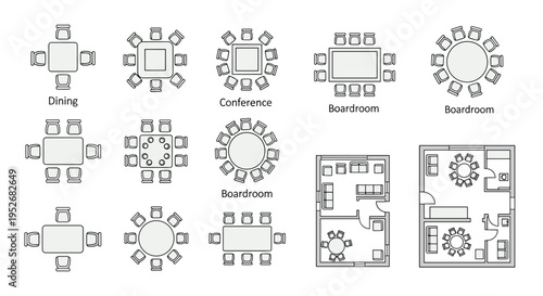 Various meeting and dining room layouts with tables and chairs in black and white, Generative AI.