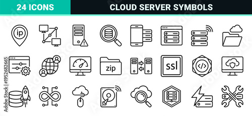 Technical Monoline Web Hosting Symbols and Network Infrastructure Graphics for Professional Cloud Computing and Data Center Administration Interfaces.