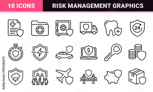 Professional Risk Management and Insurance Line Art Symbols featuring Technical Monoline Aesthetic for Corporate Security and Financial Protection.