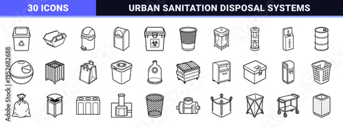 Professional Waste Management and Recycling System Monoline Outline Symbols for Urban Sanitation, Industrial Disposal, and Sustainable Sorting.